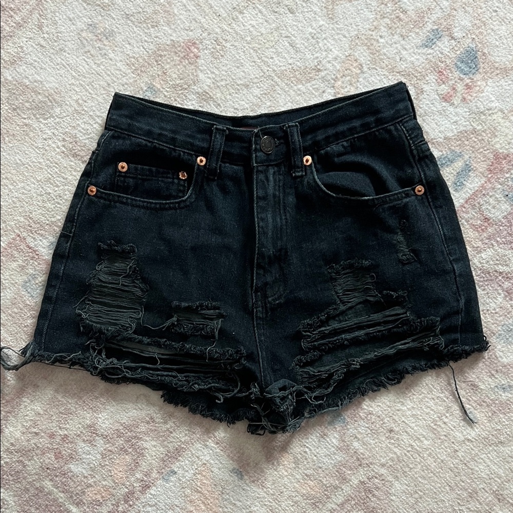 signature black distressed denim shorts